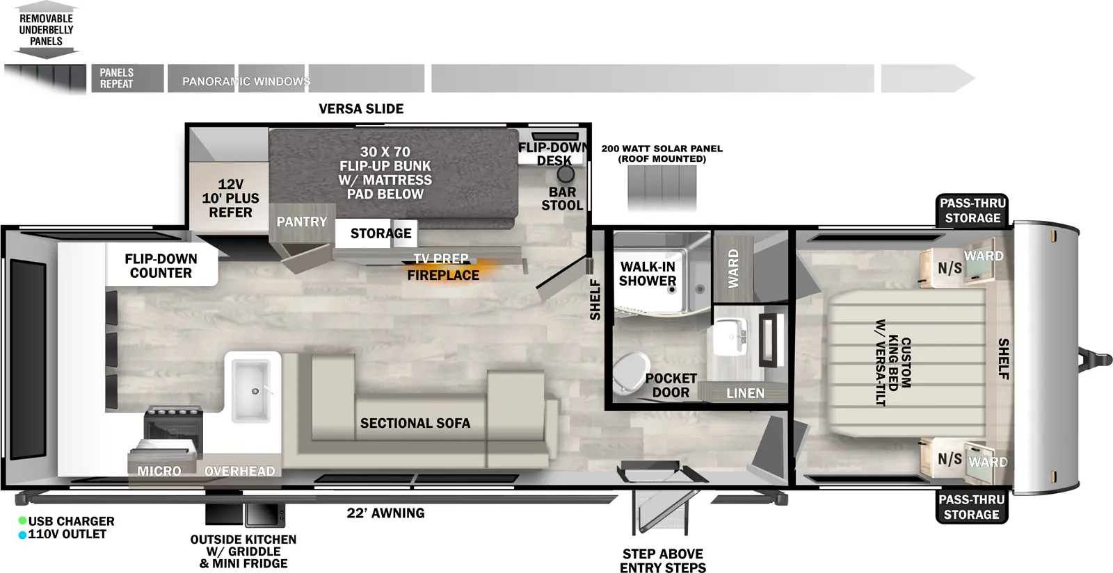 The Wildwood Northwest T29VIEW floorplan has one entry and one slide out. Exterior features include: fiberglass exterior, 22' awning and outside kitchen. Interiors features include: bunk beds, rear kitchen and front bedroom.